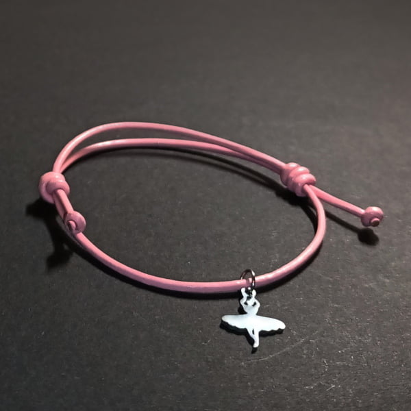 różowa bransoletka damska skórzana z baletnicą stal chirurgiczna - bransoletka regulowana - bransoletka dla alergików