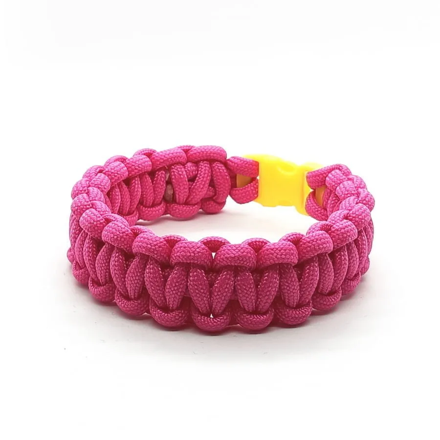 Różowa bransoletka survivalowa Paracord 550 z żółtą klamrą SUR036