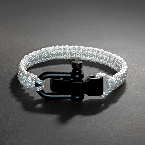 Biała bransoletka survival - linka GeoProp pływająca z szeklą stalową czarną regulowaną