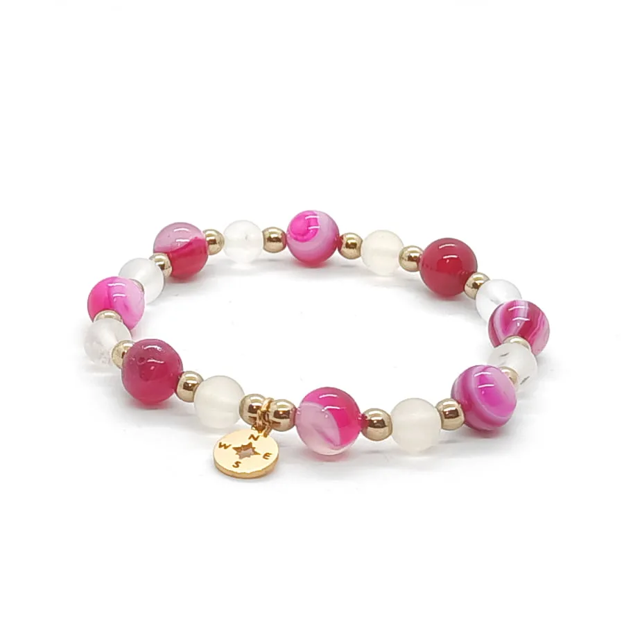 Bransoletka Kwarc różowy, Agat i Hematyt, pozłacana stal chirurgiczna KAM039