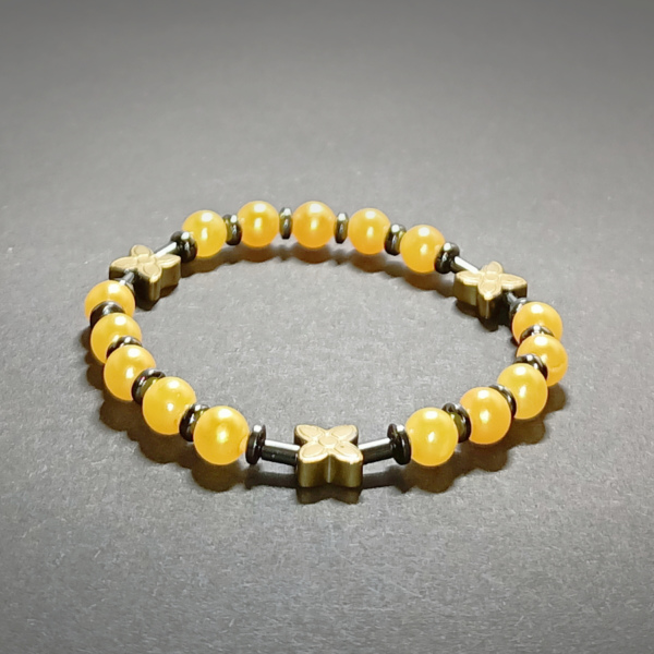 Bransoletka damska żółta - koraliki perełki i kamień hematyt - 14,5cm