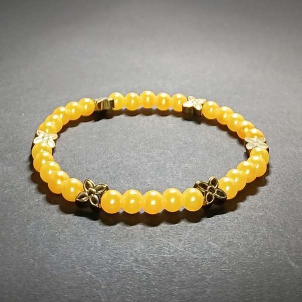 Bransoletka damska kolorowa - koraliki perełki żółte i kamienie naturalne hematyt