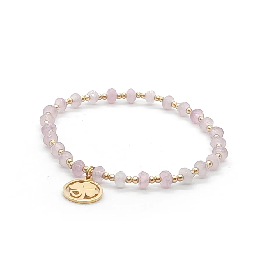 Bransoletka Ametyst fasetowany z pozłacaną koniczynką ze stali chirurgicznej KAM068