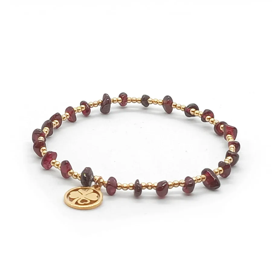 Bransoletka Granaty z pozłacaną koniczynką ze stali chirurgicznej KAM069