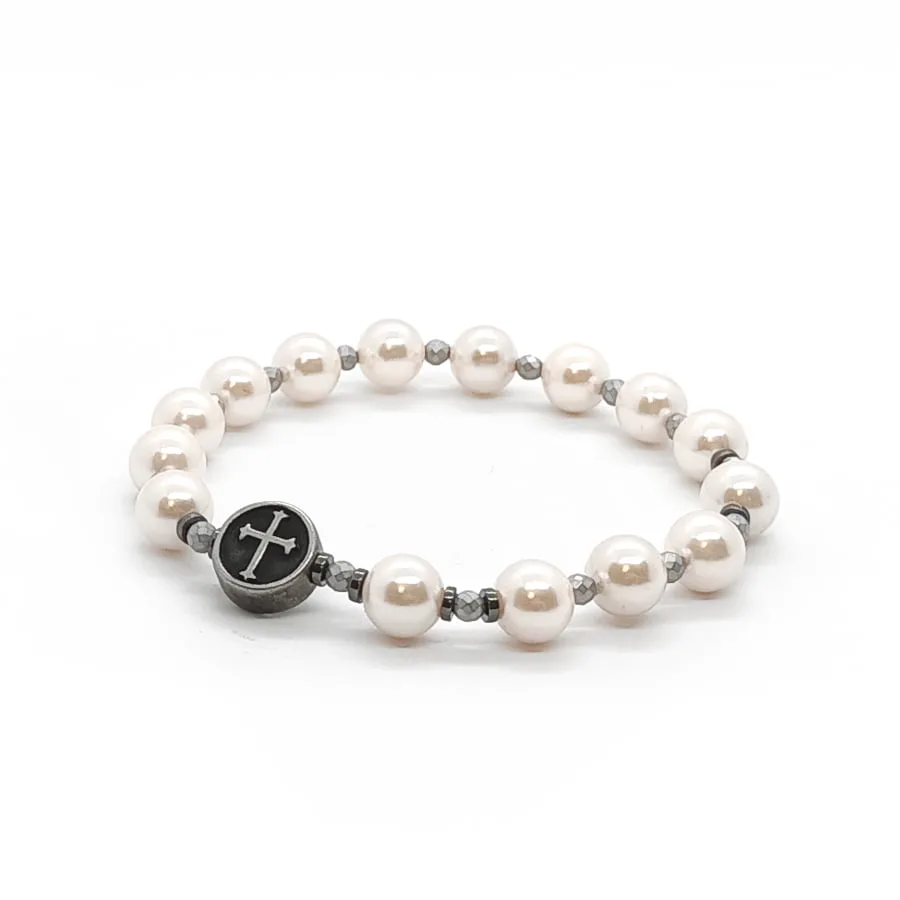 Bransoletka różaniec (10-tka), Perły, Hematyt, Stal chirurg. 16,5cm KAM133