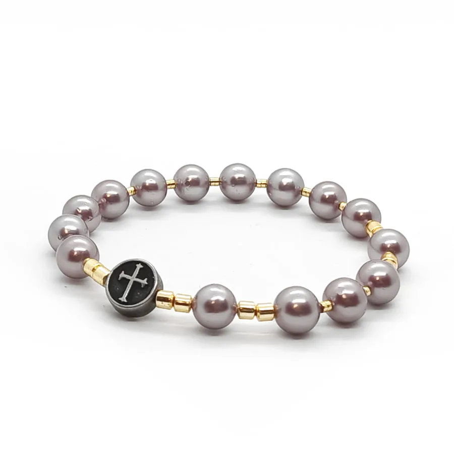 Bransoletka różaniec (10-tka), Perły, Hematyt, Stal chirurg. 17cm KAM137