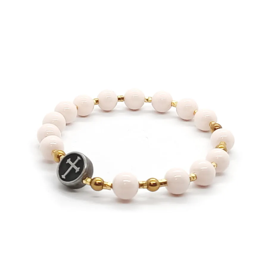 Bransoletka różaniec (10-tka), Perły, Hematyt, Stal chirurg. 17cm KAM138