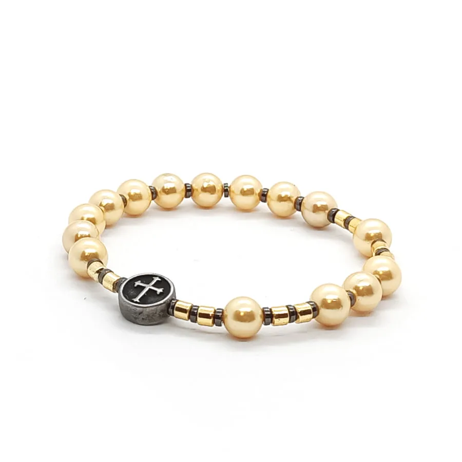 Bransoletka różaniec (10-tka), Perły, Hematyt, Stal chirurg. 16,5cm KAM126