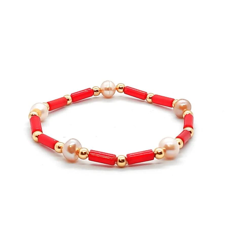 Bransoletka pozłacana Koral czerwony, Perła naturalna – kamienie naturalne 17cm KAM460 stal chir.