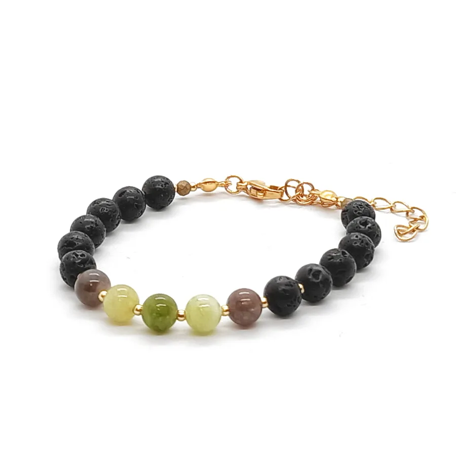 Bransoletka pozłacana Turmalin, Hematyt, Lawa wulkaniczna 15-19cm KAM463 stal chir.