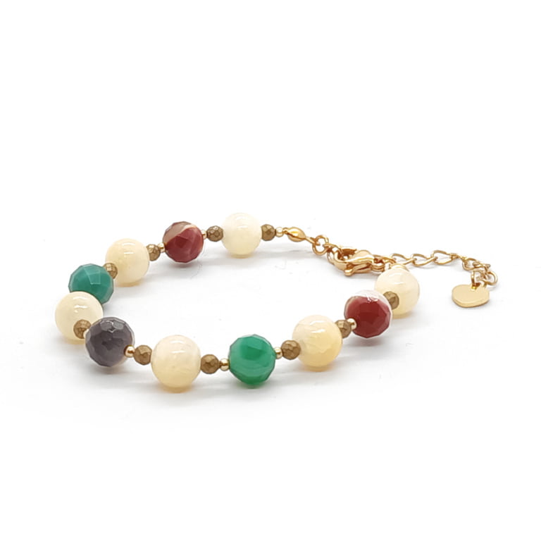 Bransoletka pozłacana Jaspis mokait, Agat zielony, Nefryt bursztynowy, Hematyt 14,5-18,5cm KAM490 stal chir.