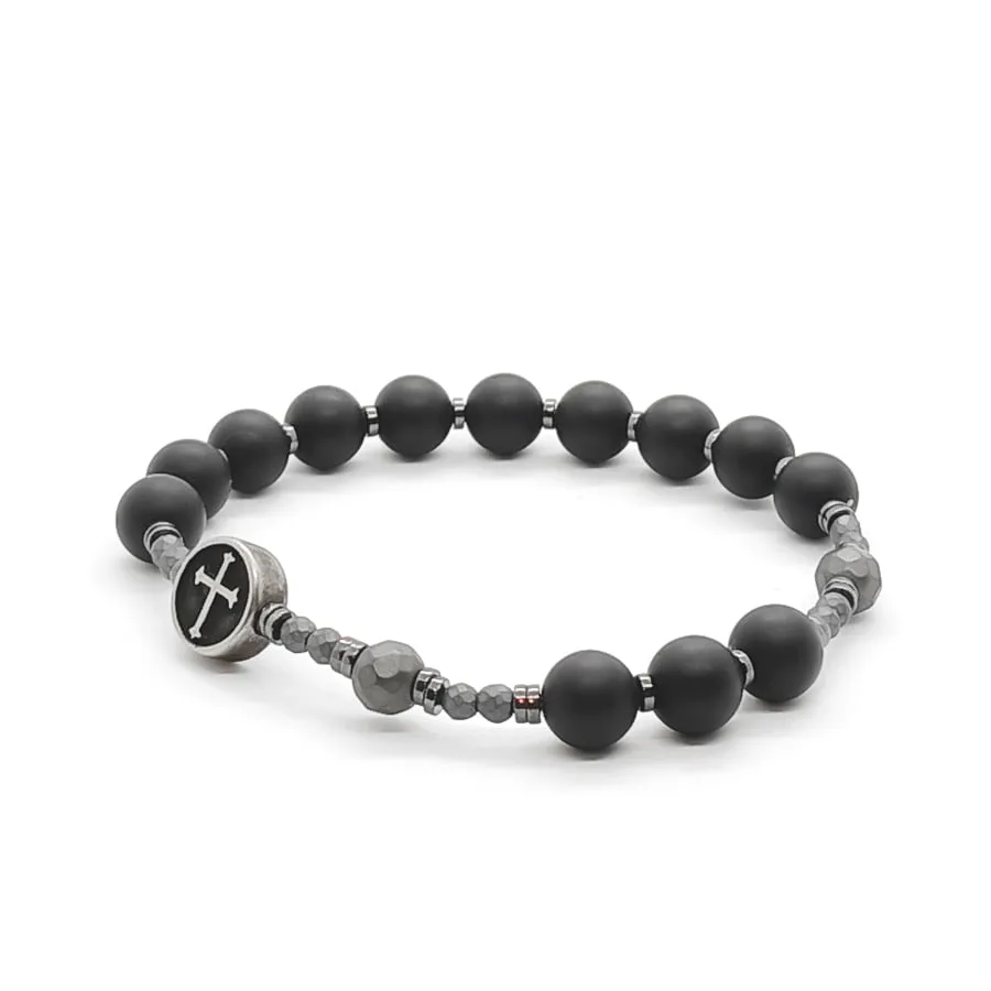Bransoletka różaniec (10tka) Onyks, Hematyt 17cm KAM521 stal chir.