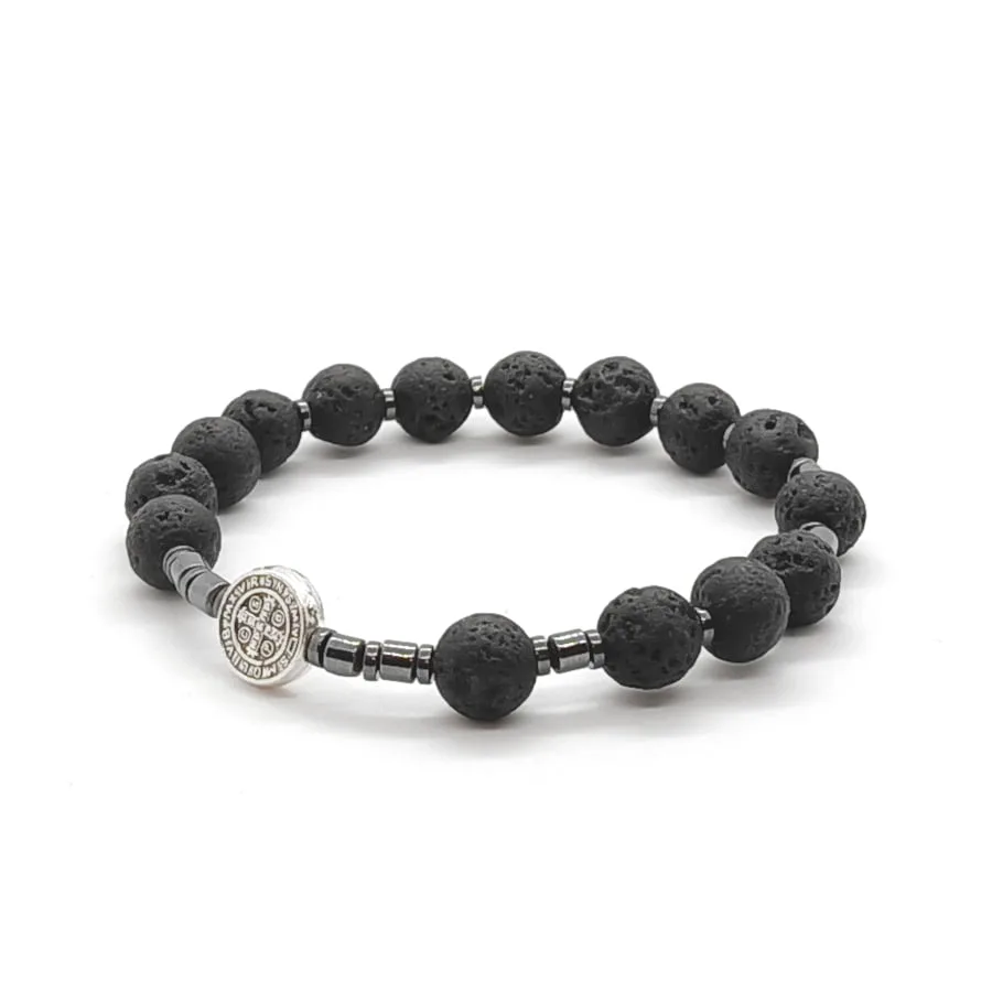 Bransoletka różaniec z krzyżem św. Benedykta - Lawa wulkaniczna i hematyt