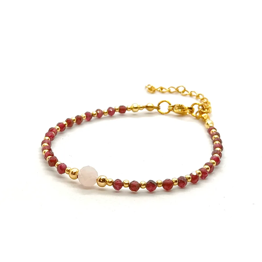 Bransoletka Kwarc różowy, Granat 16-21cm KAM699 pozłacana stal chirurgiczna