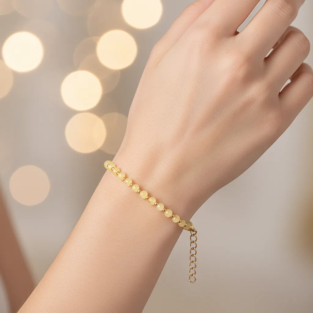 Bransoletka Bursztyn Bałtycki, pozłacana stal chir. 16-20cm KAM670