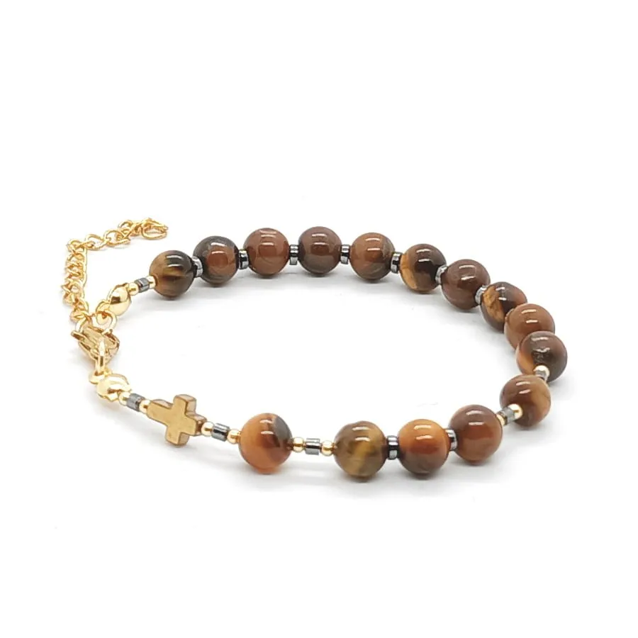6-Bransoletka różaniec 10tka tygrysie oko stal chirurgiczna pozłacana hematyt KAM738
