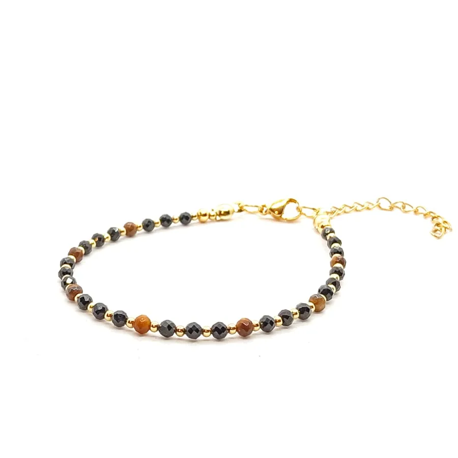 Bransoletka Tygrysie oko, Turmalin czarny - 17-21cm KAM917 stal chirurgiczna pozłacana