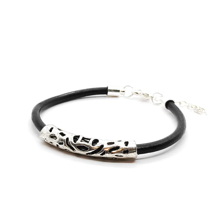 Bransoletka skórzana czarna ręcznie wykonana 17,5-21,5cm S090