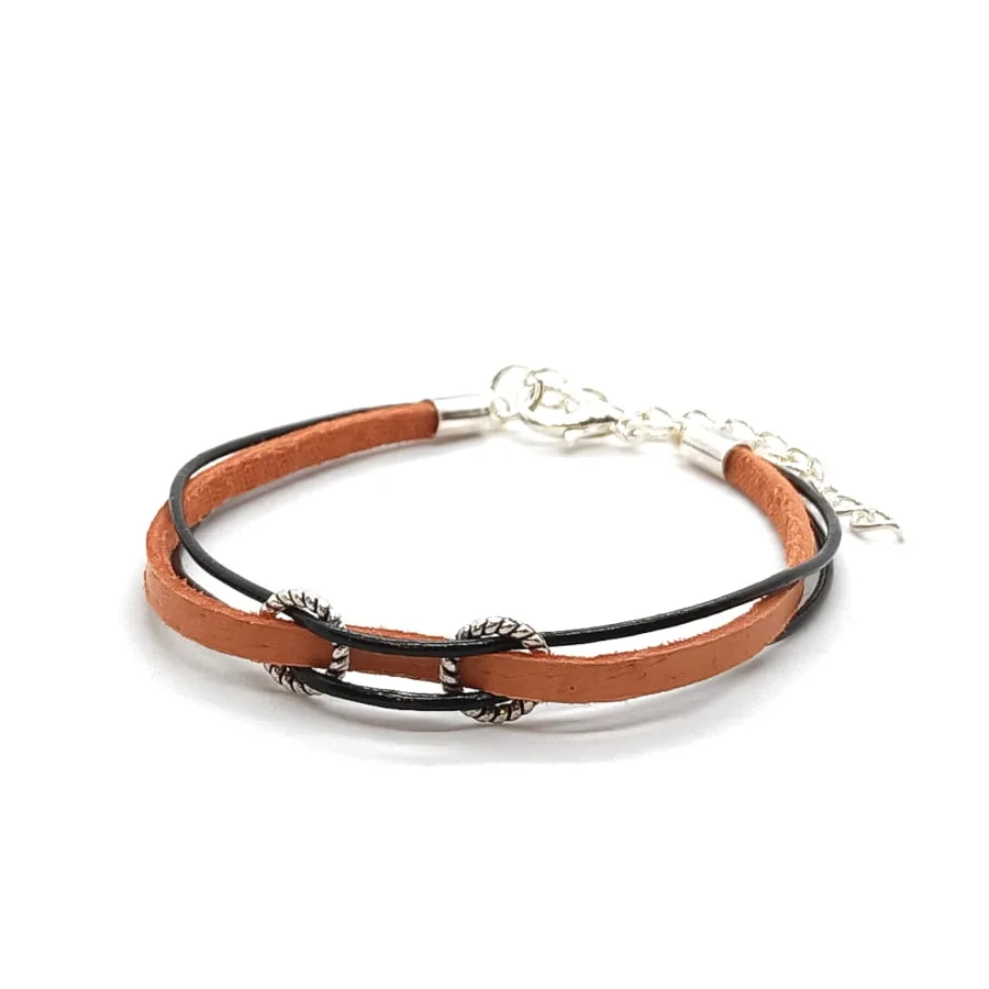 Bransoletka skórzana czarno brązowa ręcznie wykonana 16,5-20,5cm S091