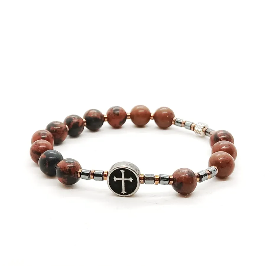 Bransoletka różaniec (10tka) Agat brązowy, Hematyt 17cm KAM970 stal chirurgiczna