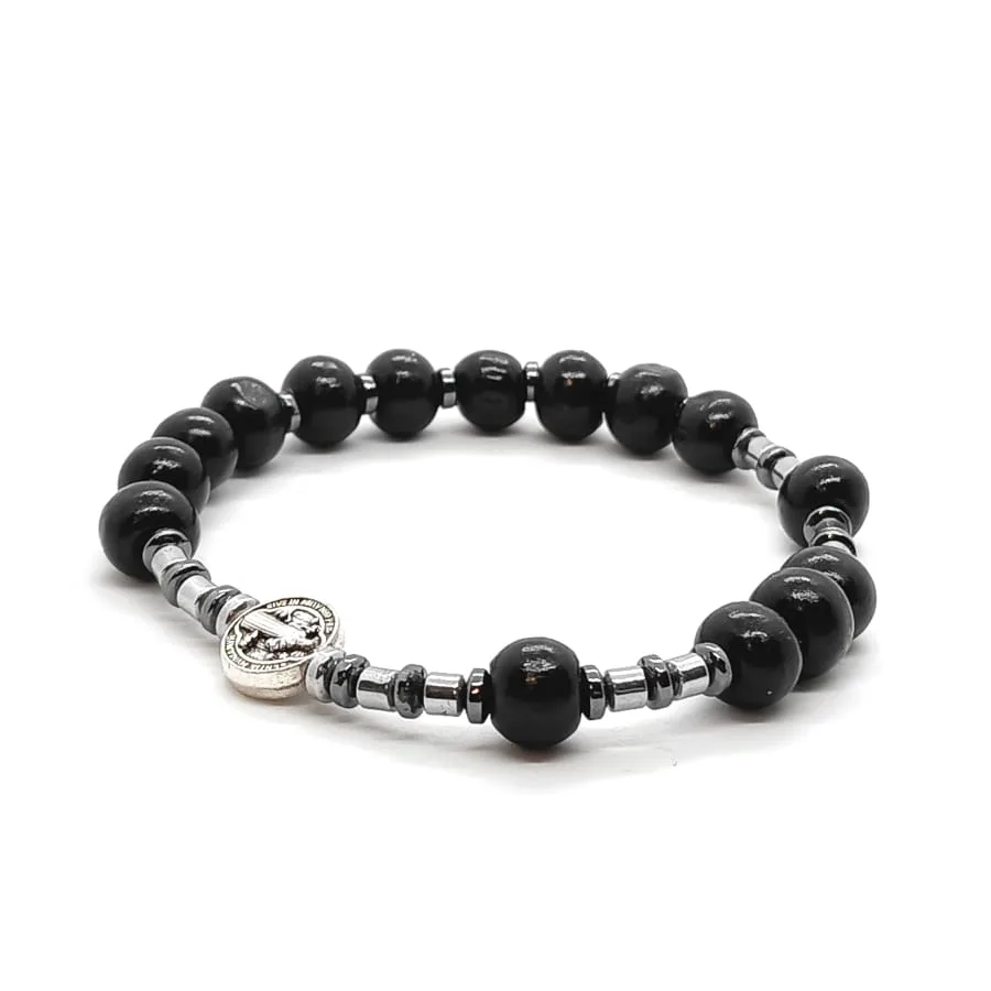 Różaniec bransoletka (10tka), Krzyż św. Benedykta, Drewno lakierowane czarne 17,5cm D200