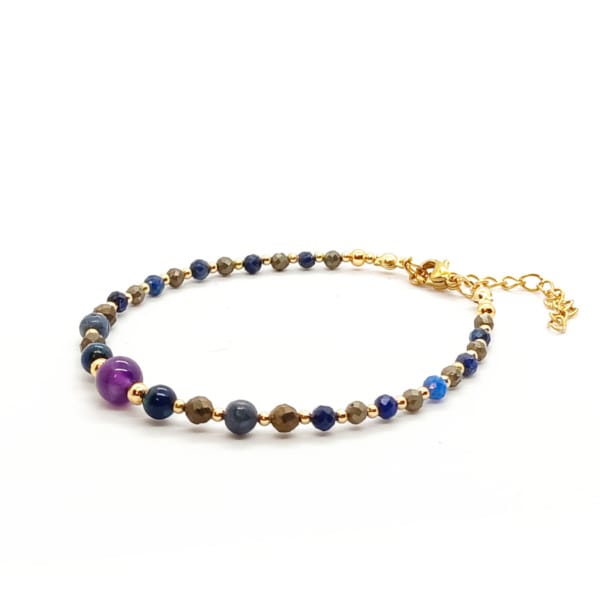 Bransoletka Ametyst, Azuryt, Lapis lazuli, Koral, Piryt 17-21cm KAM1030 Stal chirurgiczna pozłacana
