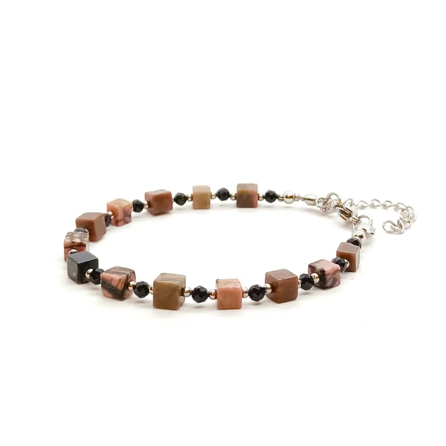 Bransoletka Rodonit, Turmalin Czarny 16-20cm KAM1086 Stal chirurgiczna