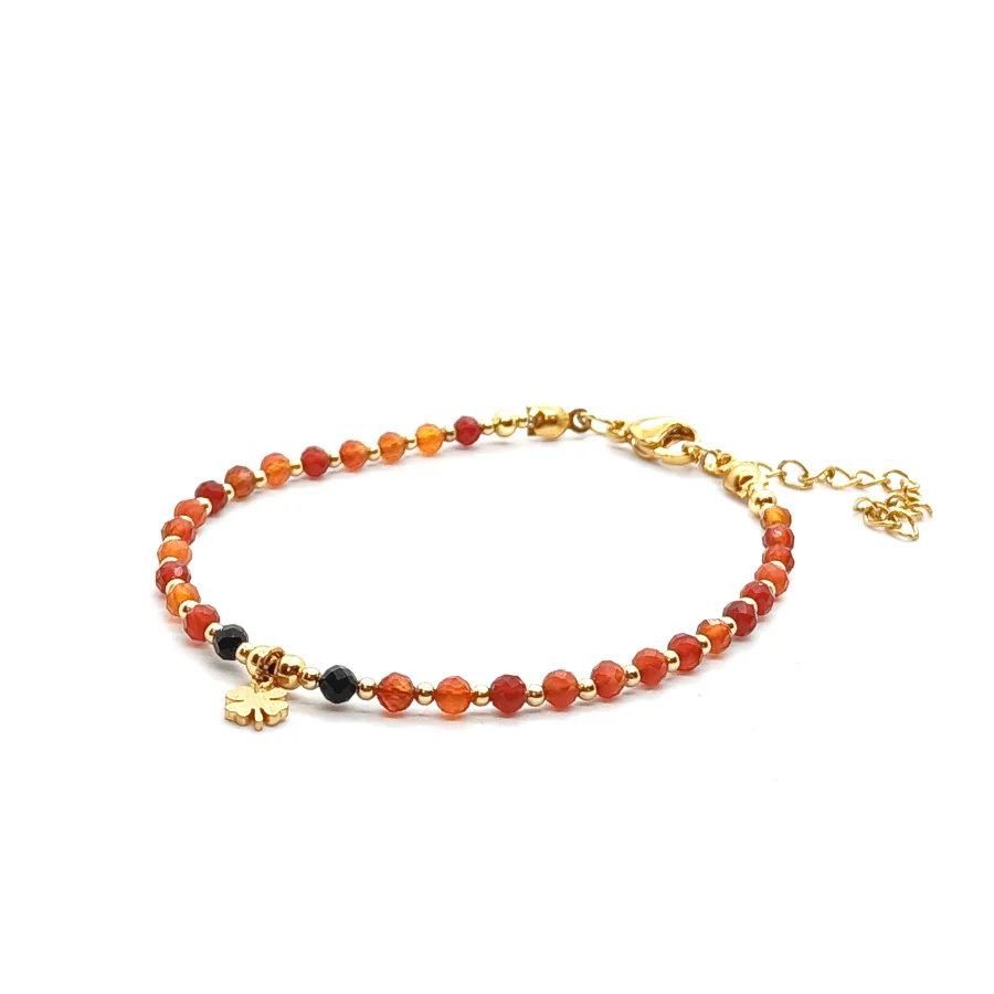 Bransoletka z koniczynką Onyks czerwony i czarny 18-22cm KAM1145 stal chirurgiczna pozłacana