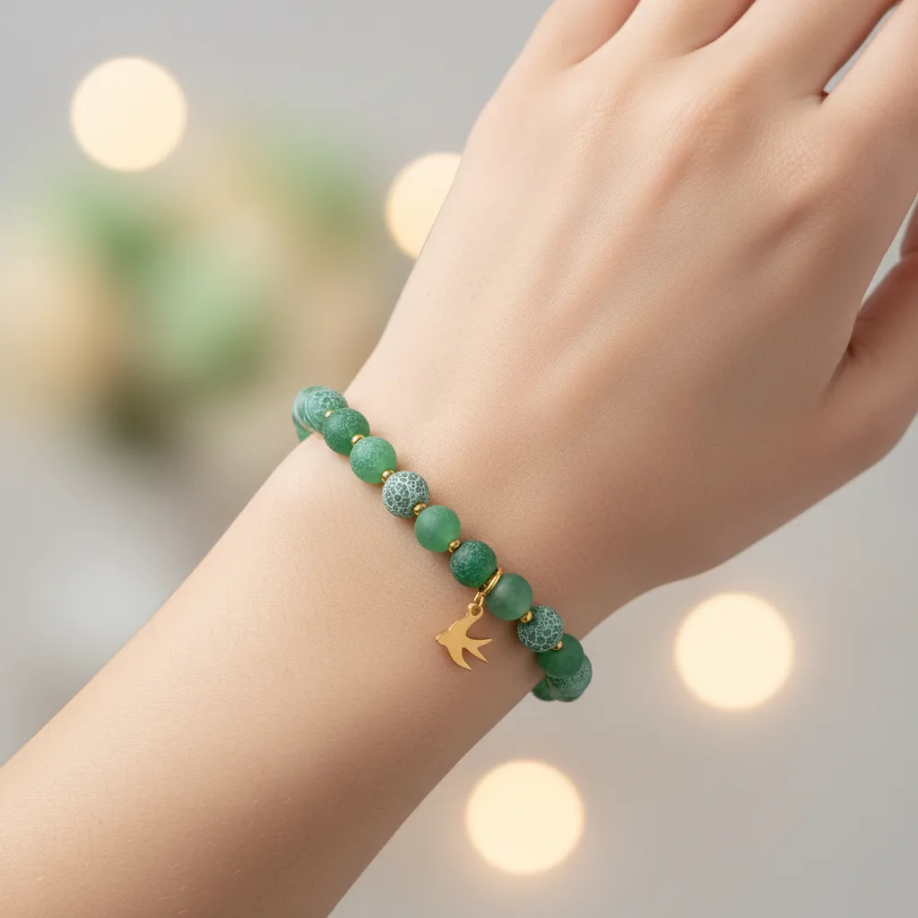 Bransoletka z jaskółką – Agat zielony – kamienie naturalne, 16cm, pozłacana stal chirurgiczna ST021