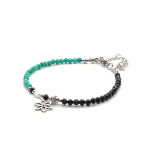 Bransoletka z kwiatkiem i perłą hodowlaną, Turmalin, Turkus KAM1129 - 16-20cm