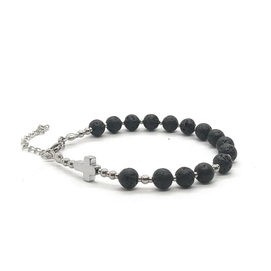 Bransoletka różaniec (10tka) Lawa wulkaniczna 16,5-20,5cm KAM1181 Stal chirurgiczna