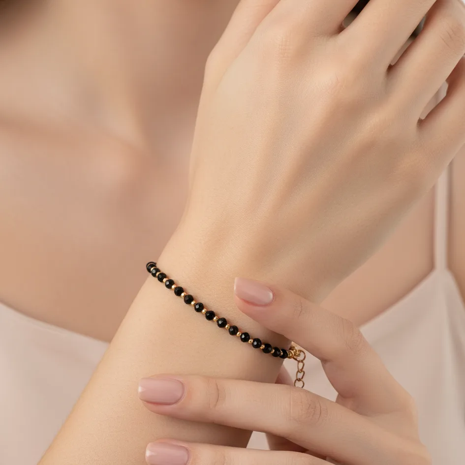 Bransoletka Czarny Turmalin, pozłacana stal chirurgiczna KAM681