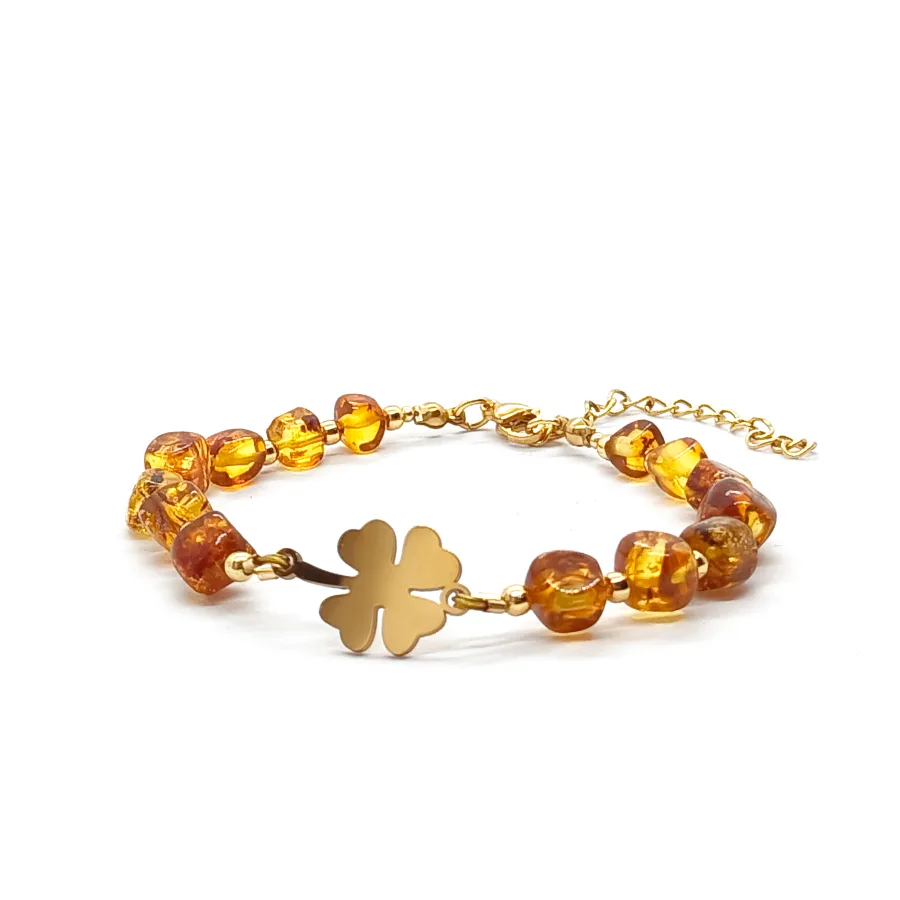 Bransoletka z koniczynką, Bursztyn 16,5-20,5cm KAM1213 stal chirurgiczna pozłacana