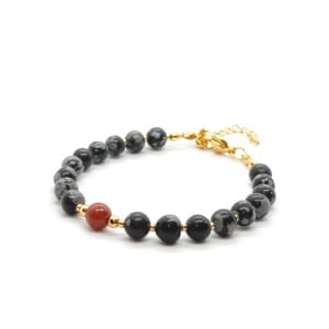 Bransoletka Obsydian śnieżny i Jaspis czerwony 16-20cm KAM1192 stal chirurgiczna pozłacana