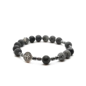 Bransoletka różaniec (10tka) Krzyż św. Benedykta, Jaspis szary 16,5cm KAM1228