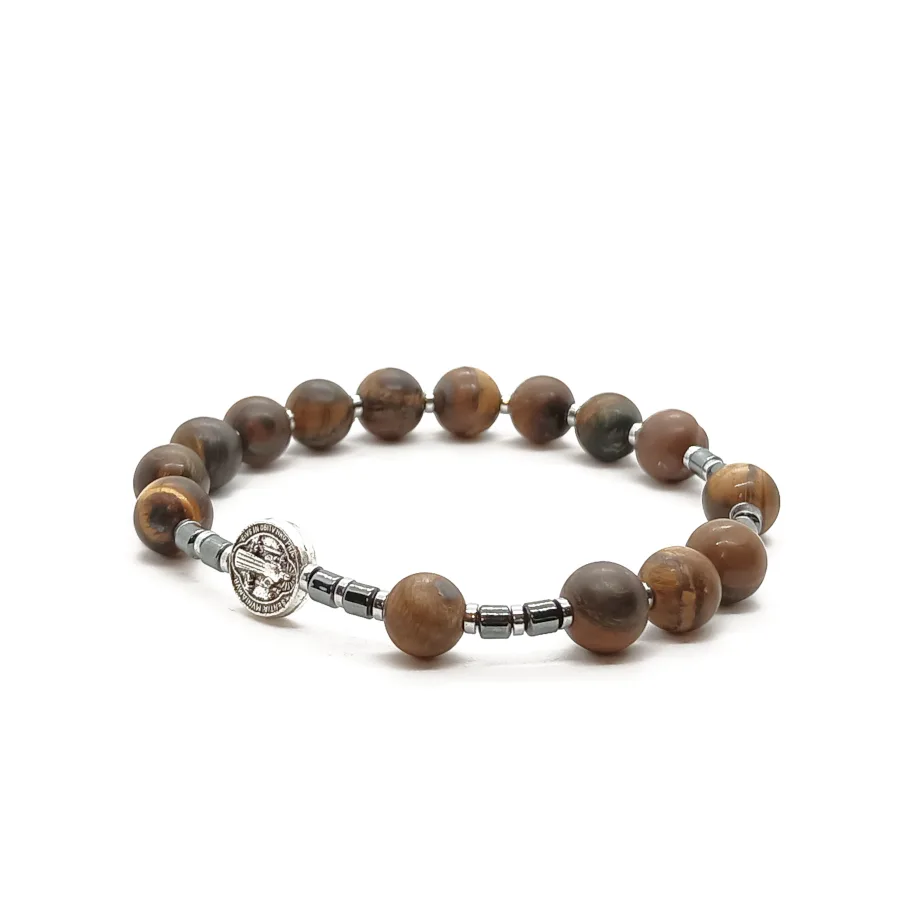 Bransoletka różaniec (10tka) Krzyż św. Benedykta, Tygrysie oko 17cm KAM1232