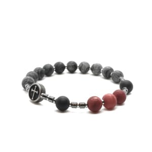 Bransoletka różaniec (10tka) Krzyż św. Benedykta, Jaspis, Agat, Lawa16,5cm KAM1234