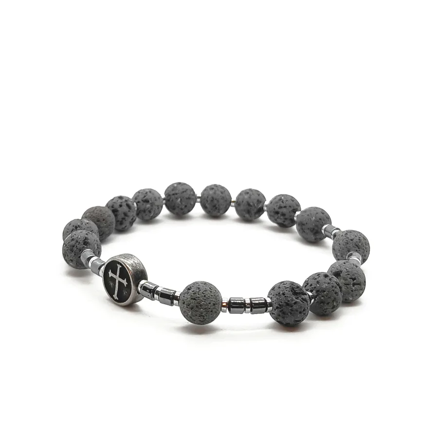 Bransoletka różaniec (10tka) Lawa wulkaniczna szara 17,5cm KAM1237 stal chirurgiczna