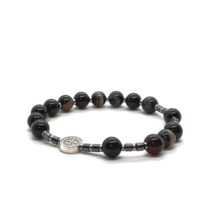Bransoletka różaniec (dziesiątka) Krzyż św. Benedykta, Agat czarny 17cm KAM1220