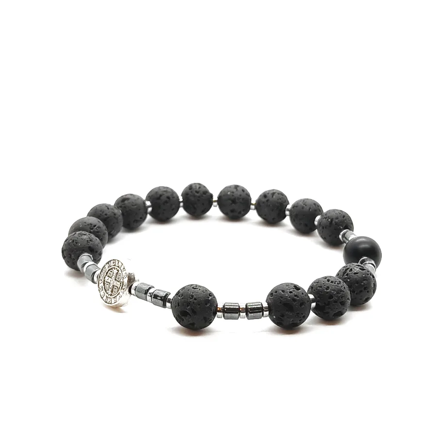 Bransoletka różaniec (10tka) Krzyż św. Benedykta, Lawa wulkaniczna 17cm KAM1238