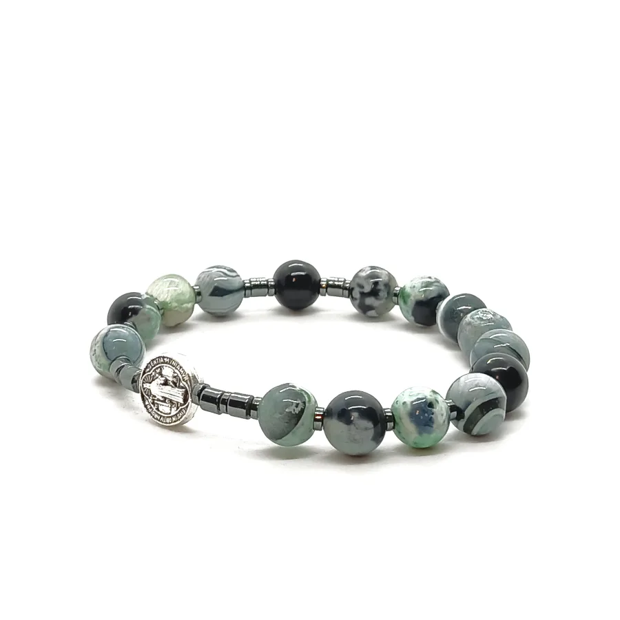 Bransoletka różaniec (10tka) Krzyż św. Benedykta, Agat zielony 15cm KAM1240