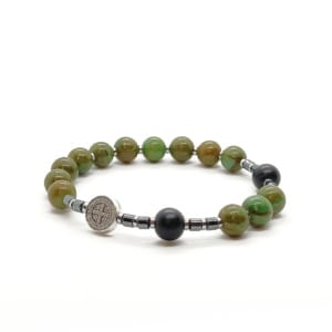 Bransoletka różaniec (10tka) Krzyż św. Benedykta, Jaspis, Onyks 17cm KAM1221