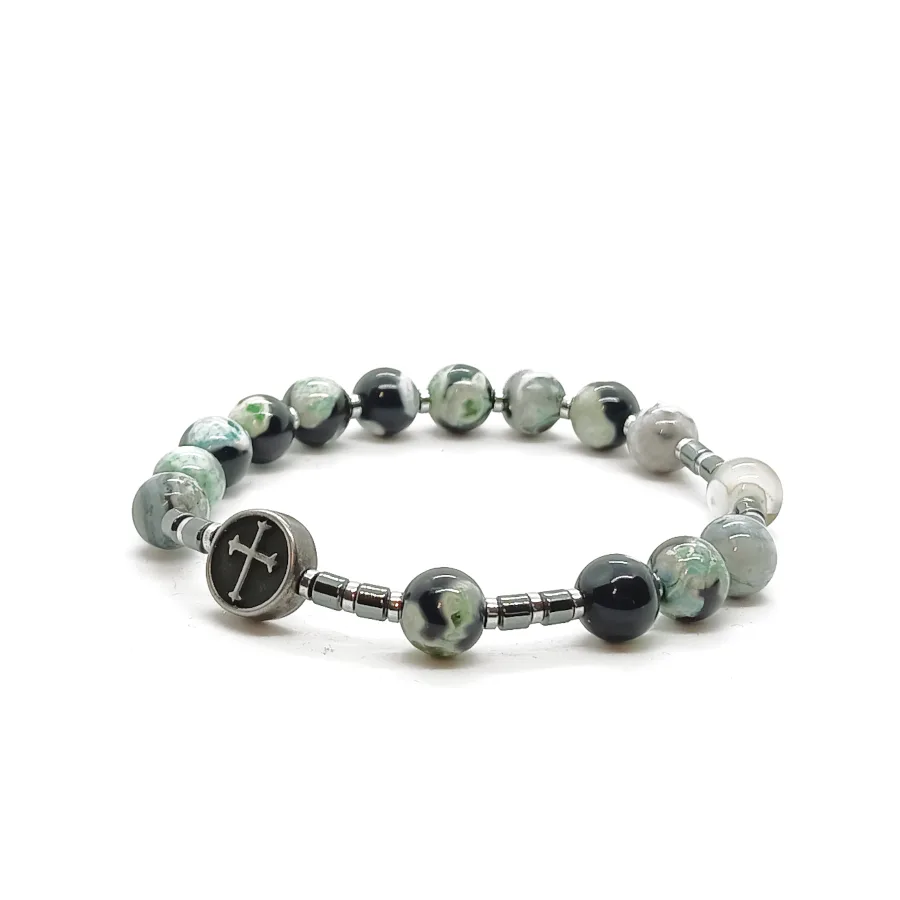 Bransoletka różaniec (10tka) Agat zielony 17cm KAM1226 stal chirurgiczna