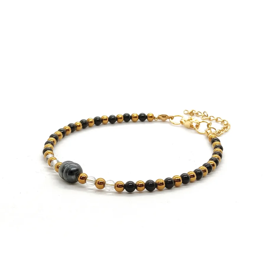 Bransoletka Czarna perła, Kryształ górski, Onyks 18-22cm KAM1267 stal chirurgiczna pozłacana