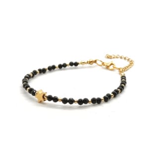 Bransoletka z gwiazdką, Czarny Turmalin, pozłacana stal chirurgiczna 16-20cm KAM1270