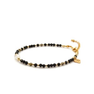 Bransoletka z diamencikiem, Kwarc różowy, Onyks, Turmalin zielony, Piryt 18-22cm KAM1275 Stal chirurgiczna pozłacana