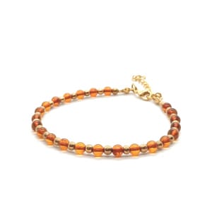 Bransoletka Bursztyn koniakowy, stal chirurgiczna pozłacana 17-21cm KAM1260