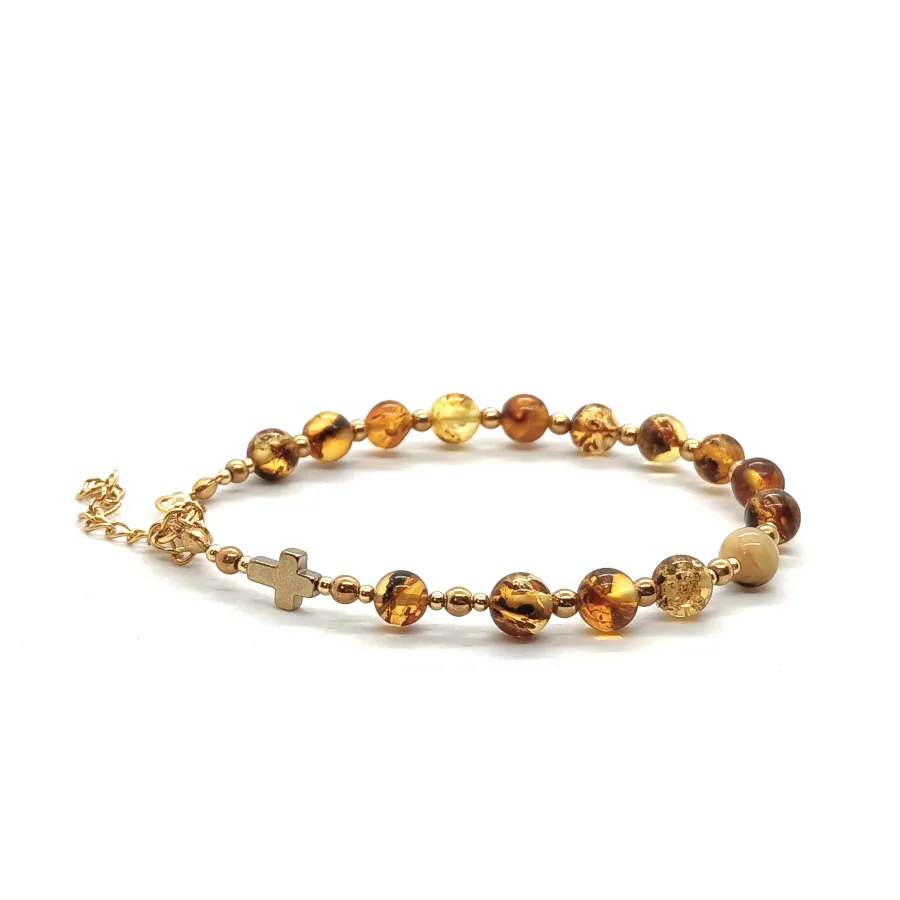 Bransoletka różaniec (10tka) Bursztyn naturalny 18-22cm, Stal chirurgiczna pozłacana KAM1264