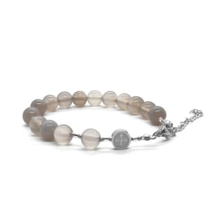 Bransoletka różaniec (10tka) Krzyż św. Benedykta, Agat szary 16-20cm KAM1299 - Stal chirurgiczna