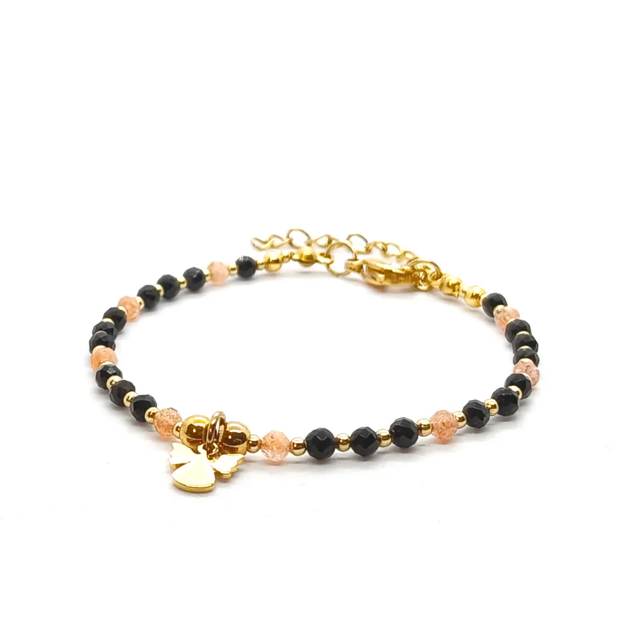 Bransoletka z aniołkiem Onyks, Kamień słoneczny 16,5-20,5cm KAM1300 stal chirurgiczna pozłacana